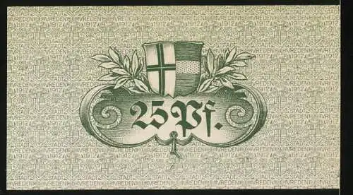 Notgeld Vreden, 1917, 25 Pfennig, vierte Auflage, Seriennummer 12311, Wappen mit zwei Figuren