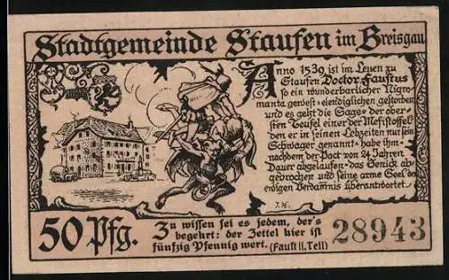 Notgeld Staufen 1920, 50 Pfennig, Faust-Illustration und Stadtansicht