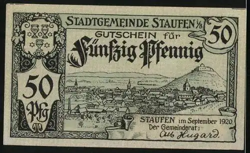 Notgeld Staufen 1920, 50 Pfennig, Faust-Illustration und Stadtansicht