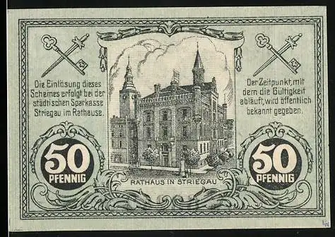 Notgeld Striegau 1919, 50 Pfennig, Rathaus und Sparkassenschein mit Seriennummer