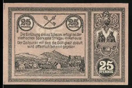 Notgeld Striegau, 1919, 25 Pfennig, Stadtsparkasse Striegau im Rathaus, Gebäude und Stadtansicht