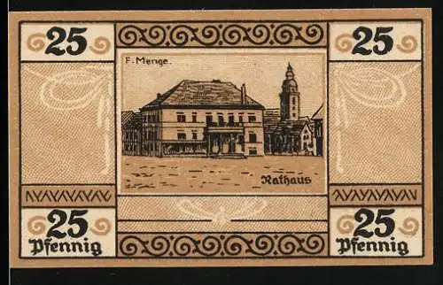 Notgeld Sondershausen, 1921, 25 Pfennig, Rathaus-Abbildung von F. Menge, Seriennummer 68070