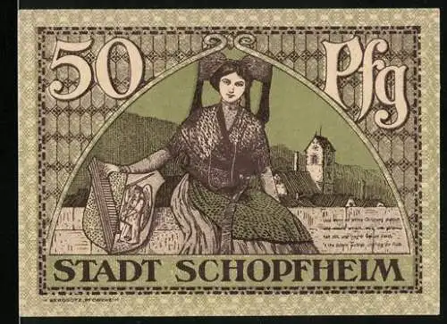 Notgeld Schopfheim, Dezember 1919, 50 Pfennig, Abbildung einer Frau in traditioneller Tracht und Stadtansicht