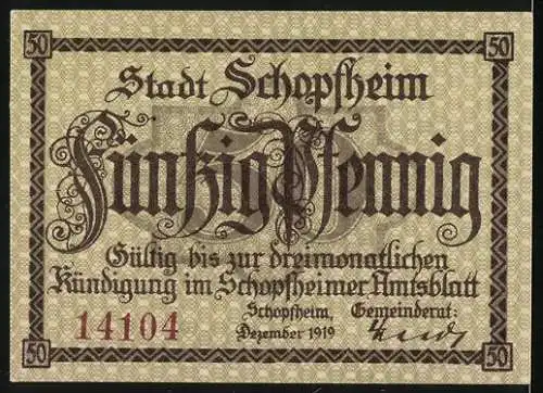 Notgeld Schopfheim, Dezember 1919, 50 Pfennig, Abbildung einer Frau in traditioneller Tracht und Stadtansicht