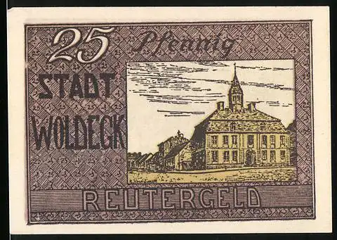 Notgeld Woldegk, 1922, 25 Pfennig, Gebäudeillustration und Weisheitszitat