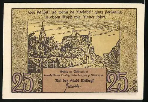 Notgeld Woldegk, 1922, 25 Pfennig, Gebäudeillustration und Weisheitszitat