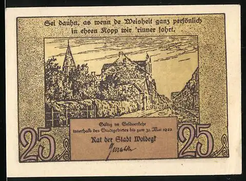 Notgeld Woldegk, 1921, 25 Pfennig, Stadtansichten und Rat der Stadt Woldegk