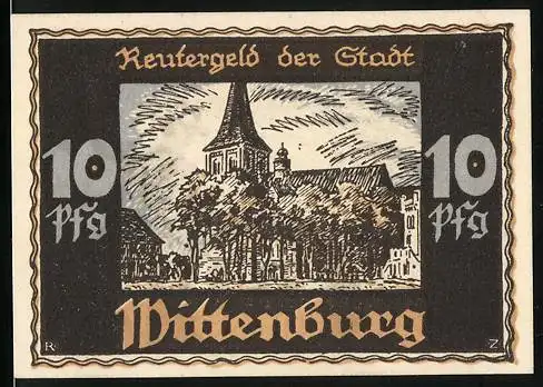 Notgeld Wittenburg, 1922, 10 Pfennig, Stadtansicht und Bergarbeiter mit Spitzhacke