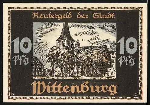 Notgeld Wittenburg, 1922, 10 Pfennig, Bergmann und Stadtansicht mit Kirche