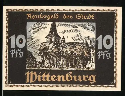 Notgeld Wittenburg, 1922, 10 Pfennig, Stadtansicht mit Kirche und Jäger mit Gewehr auf Rückseite