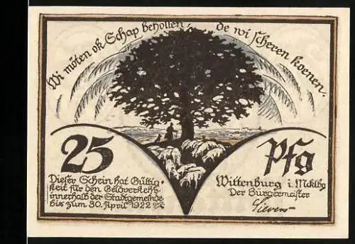 Notgeld Wittenburg, 1922, 25 Pfennig, Landschaft mit Baum und Stadtansicht