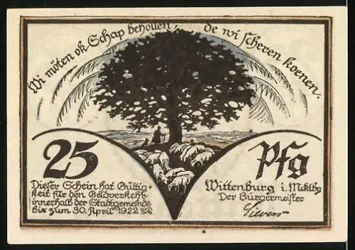 Notgeld Wittenburg, 1922, 25 Pfennig, Stadtansicht und Schäfer mit Schafen unter Baum