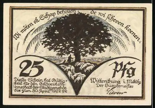 Notgeld Wittenburg, 1922, 25 Pfennig, Stadtansicht und Baum mit Schriftzug