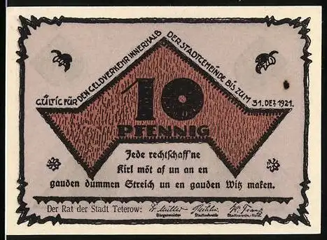 Notgeld Teterow, 1921, 10 Pfennig, Dreieckmuster mit Stadtwappen und Gebäudeillustration