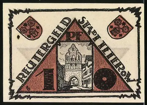 Notgeld Teterow, 1921, 10 Pfennig, Dreieckmuster mit Stadtwappen und Gebäudeillustration