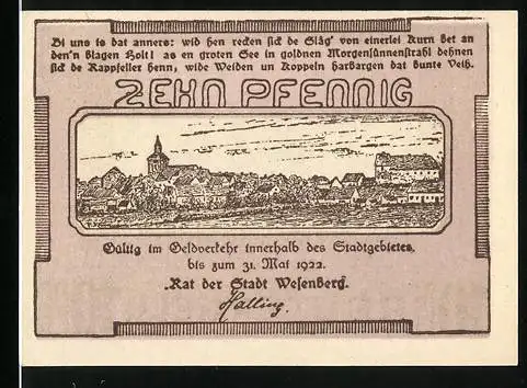 Notgeld Wesenberg 1922, 10 Pfennig, Stadtansichten und Text