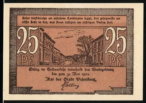 Notgeld Wesenberg, 1922, 25 Pf, Gebäudeansicht und Kirchturm, gültig bis 31. Mai 1922