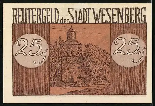 Notgeld Wesenberg, 1922, 25 Pf, Gebäudeansicht und Kirchturm, gültig bis 31. Mai 1922