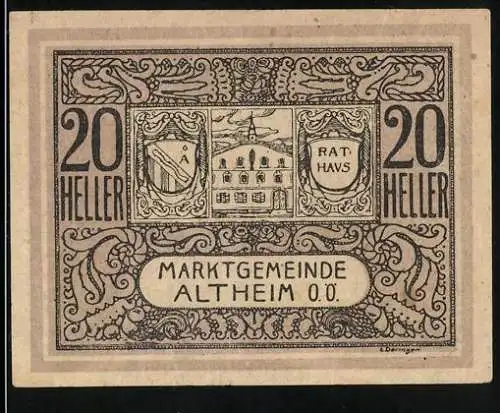 Notgeld Altheim 1920, 20 Heller, Marktszene mit Wappen und Rathaus, Gutschein über zwanzig Heller