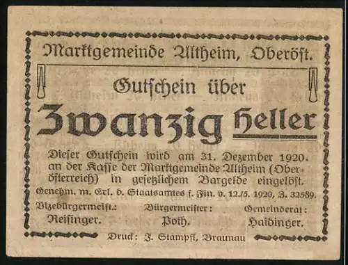 Notgeld Altheim 1920, 20 Heller, Marktszene mit Wappen und Rathaus, Gutschein über zwanzig Heller