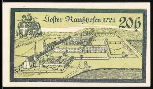 Notgeld Ranshofen, 20 Heller, Klosteransicht und Gemeindegutschein von 1920