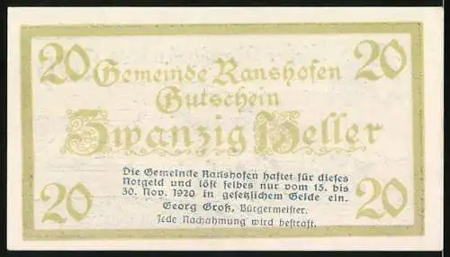 Notgeld Ranshofen, 20 Heller, Klosteransicht und Gemeindegutschein von 1920