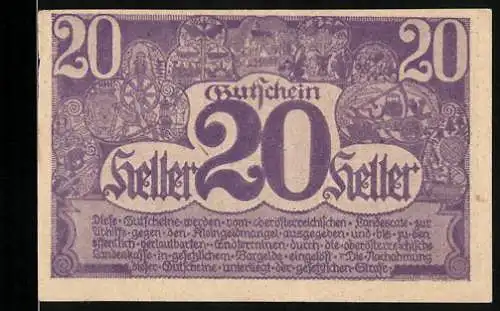 Notgeld Linz / Oberösterreich, 1920, 20 Heller, violett, mit kunstvollen Illustrationen und regionalen Motiven