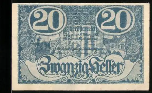 Notgeld Linz 1920, 20 Heller, blaues Design mit Stadtansicht und dekorativen Mustern