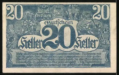 Notgeld Linz 1920, 20 Heller, blaues Design mit Stadtansicht und dekorativen Mustern