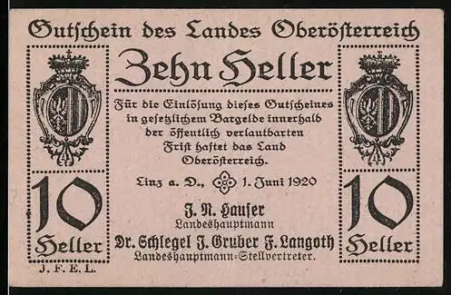 Notgeld Linz / Oberösterreich 1920, 10 Heller, Landeshauptmann Gutschein mit Wappen und Unterschriften