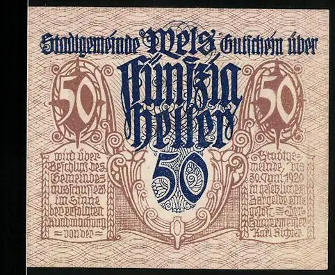 Notgeld Wels, 1920, 50 Heller, Vorderseite mit Text und verzierter Schrift, Rückseite mit Mann und Pferd