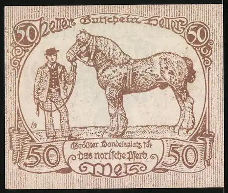 Notgeld Wels, 1920, 50 Heller, Vorderseite mit Text und verzierter Schrift, Rückseite mit Mann und Pferd