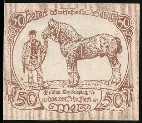 Notgeld Wels, 1920, 50 Heller, Grosser Handelsplatz für das Norische Pferd, Mann mit Pferd und dekorative Schrift