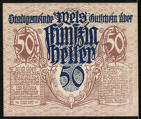 Notgeld Wels, 1920, 50 Heller, Grosser Handelsplatz für das Norische Pferd, Mann mit Pferd und dekorative Schrift