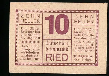 Notgeld Ried, 1920, 10 Heller, Gutschein der Stadtgemeinde zur Behebung der Hartgeldnot