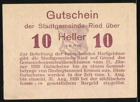 Notgeld Ried, 1920, 10 Heller, Gutschein der Stadtgemeinde zur Behebung der Hartgeldnot