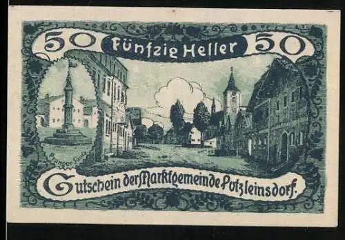 Notgeld Putzleinsdorf, 1920, 50 Heller, Gutschein der Marktgemeinde Putzleinsdorf mit Stadtansicht und Gedicht