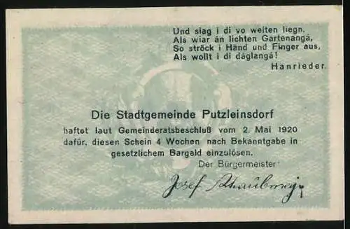 Notgeld Putzleinsdorf, 1920, 50 Heller, Gutschein der Marktgemeinde Putzleinsdorf mit Stadtansicht und Gedicht