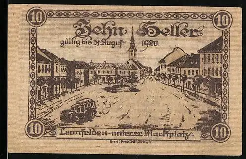 Notgeld Leonfelden, 1920, 10 Heller, Leonfelden-unterer Marktplatz, gültig bis 31. August