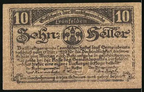 Notgeld Leonfelden, 1920, 10 Heller, Leonfelden-unterer Marktplatz, gültig bis 31. August