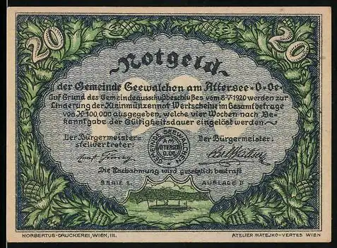 Notgeld Seewalchen am Attersee, 1920, 20 Heller, Landschaftsmotiv mit Burg und Pflanzenornamenten