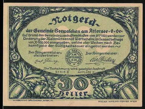 Notgeld Seewalchen am Attersee 1920, 30 Heller, grüne Vorderseite mit Text und Blumendekor, Rückseite Landschaft mit W