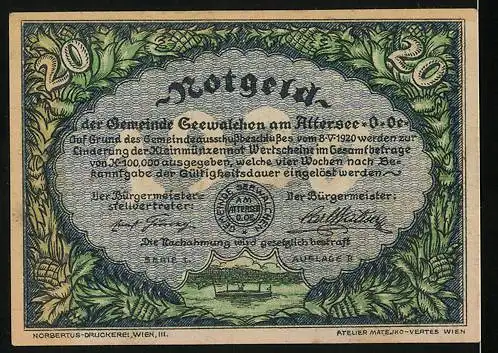 Notgeld Seewalchen / Attersee 1920, 20 Heller, Landschaft mit See und Ortsansicht, blauer Text auf grünem Hintergrund