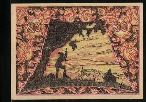 Notgeld Seewalchen am Attersee 1920, 30 Heller, Landschaftsszene mit Erntearbeiter unter Baum