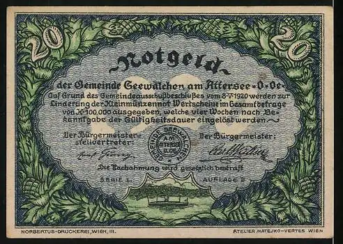 Notgeld Seewalchen am Attersee, 1920, 20 Heller, Landschaft und Eichenlaubrand