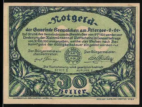 Notgeld Seewalchen am Attersee 1920, 30 Heller, florales Design mit Landschaftsbild und Mann unter Baum