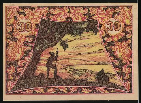 Notgeld Seewalchen am Attersee 1920, 30 Heller, florales Design mit Landschaftsbild und Mann unter Baum