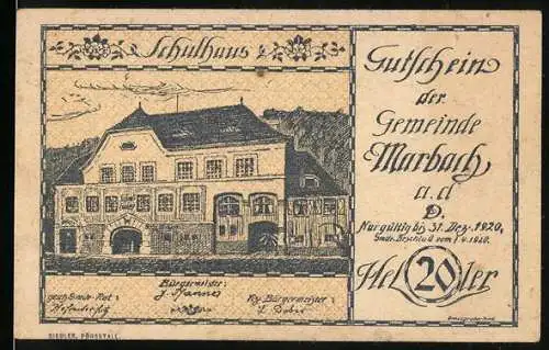 Notgeld Marbach, 1920, 20 Heller, Schulhaus-Abbildung, Gültig bis 31. Dez. 1920