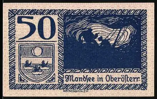 Notgeld Mondsee in Oberösterreich, 1920, 50 Heller, See- und Berglandschaft, Silhouetten und Stadtansicht