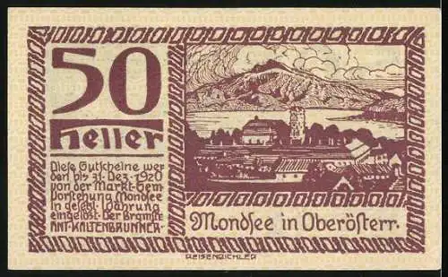 Notgeld Mondsee in Oberösterreich, 1920, 50 Heller, See- und Berglandschaft, Silhouetten und Stadtansicht